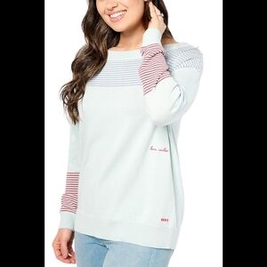 Peace Love World "Love Unites Us" Cotton Blend Striped Sweater Blue Red